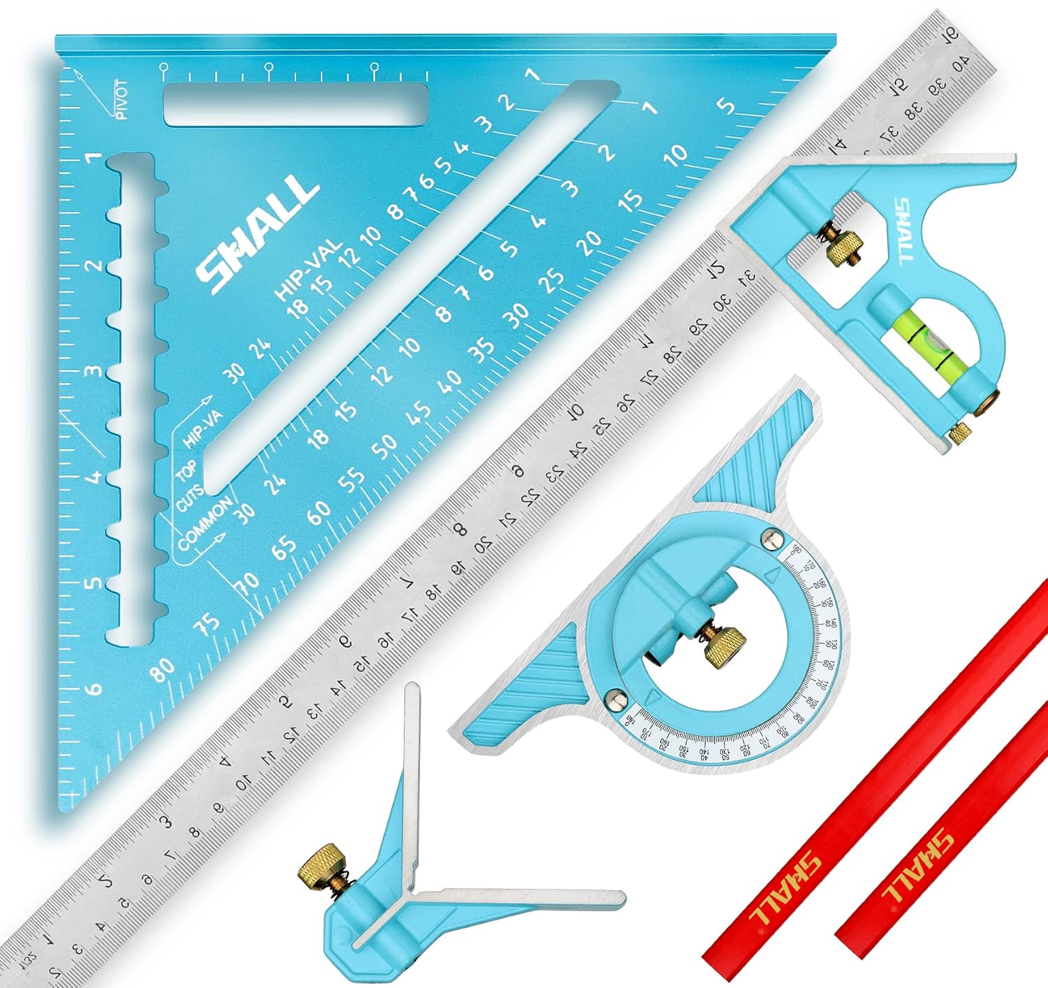 SHALL Rafter Square & Combination Square Tool Set, 7 Inch Aluminium-Alloy Carpenter Square & 16 Inch Zinc-Alloy Woodworking Framing Combo w/Stainless Steel Ruler, 2 Carpentry Pencils, Scriber