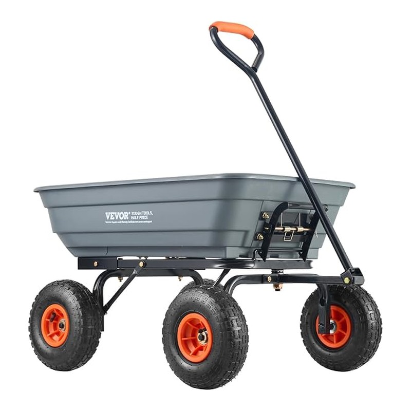 VEVOR 4 Cu.Ft. 600lbs Poly Garden Cart Dump Wagon, Heavy Duty 4 Wheel Wheelbarrow Yard Cart Dump Wagon with 10in All Terrain Wheels, Steel Frame and Quick Release System