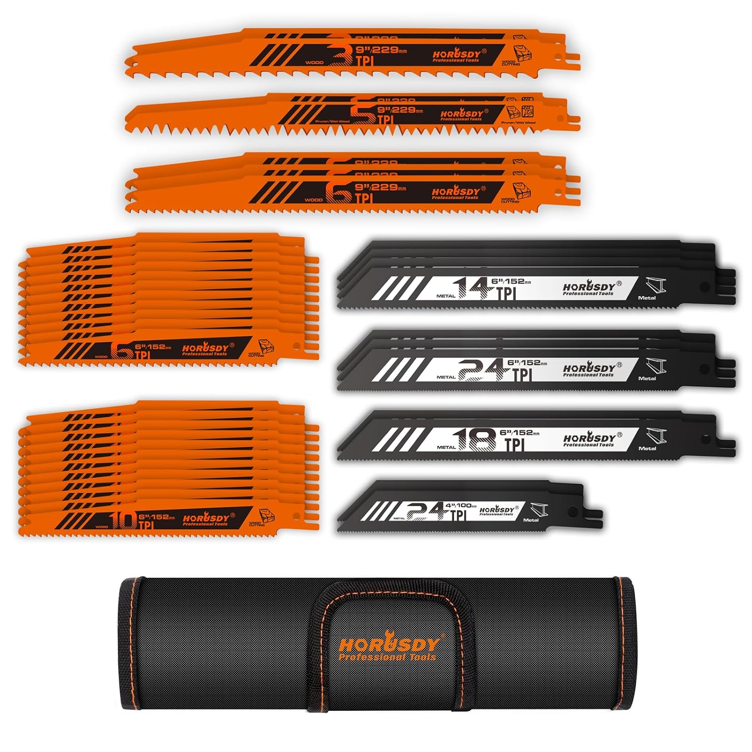 HORUSDY 34-Piece Reciprocating Saw Blades Set, Metal & Woodcutting Saw Blades, Saw Blades with Pouch.