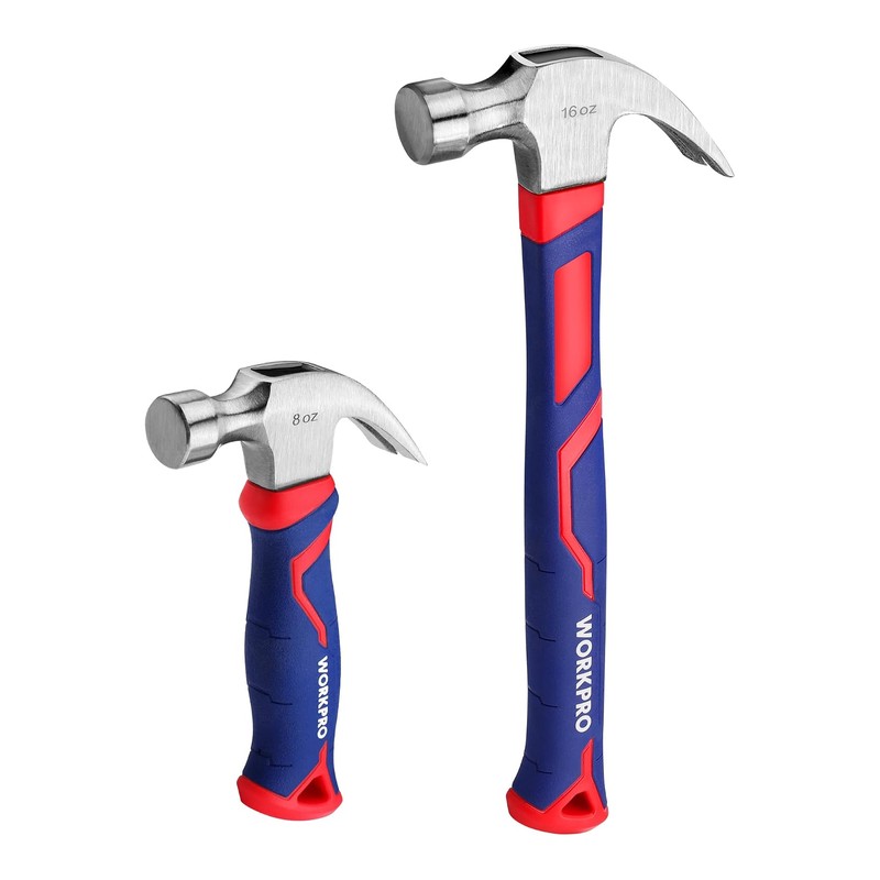 WORKPRO 2-Piece Claw Hammer Set, 8 oz Mini Stubby & 16 oz Fiberglass General Purpose, Soft Nonslip Handle & Heat Treated Head
