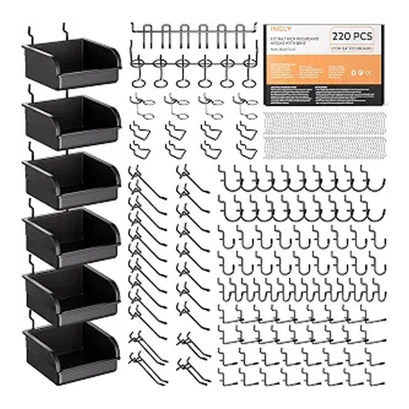 INCLY 220PCS Extra Thick Pegboard Accessories Organizer Kit for 1/4 Inch Pegboard, Heavy Duty Black Pegboard Hooks with Bins & Peg Lock, Peg Board Hooks Assortment for Garage Wall Hanging Tools