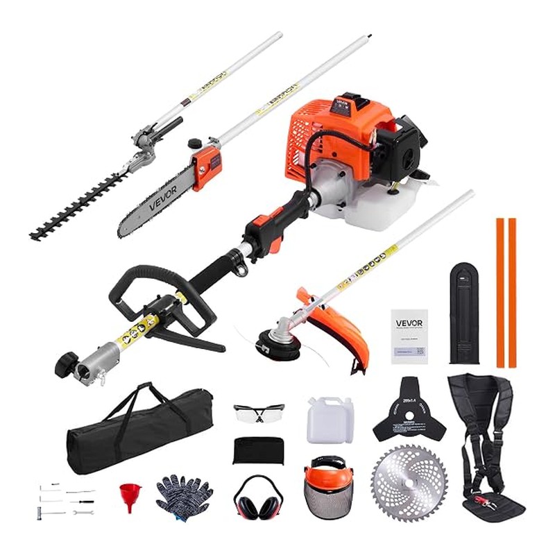 VEVOR Gas Hedge Trimmer, 2 Cycle Gas Power Handheld Hedge Trimmer, 5-in-1 63cc Cordless Weed Eater with Protective Gear Set, Includes Hedge and String Trimmer, Brush Cutter(3T & 40T Blades), Pole Saw