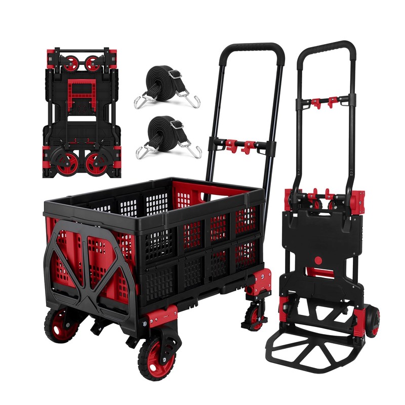 2 in 1 Hand Truck Dolly with Folding Basket,Folding Hand Truck Heavy Duty 330lbs Capacity,Foldable Hand Trcuk with Retractable Handle and Rubber Wheels,Portable Dolly with Bungee Cords for Moving